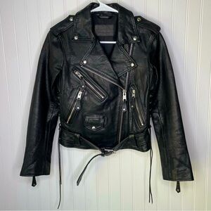 AllSaints Sarana Leather Biker Jacket Black Lace Up Size 0